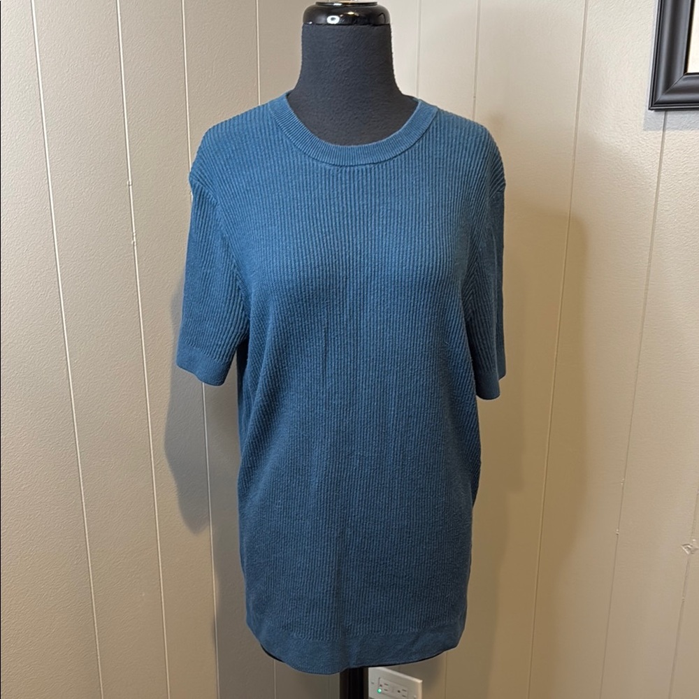 B7 Open Edit Women’s Large Casual Blue Knit Short Sleeve Sweater Tee